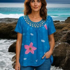 Soft Surroundings Babydoll Top Sz‎ L SILK Floral Crochet Bohemian Fairy Hippie